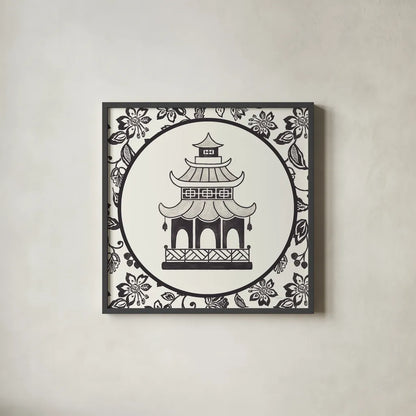 Everyday Chinoiserie VIII BW by Mary Urban. Shown in a sleek black glass frame for a contemporary gallery look. Available as an archival giclee rolled canvas, fine art paper, or poster print. SKU 75524a.