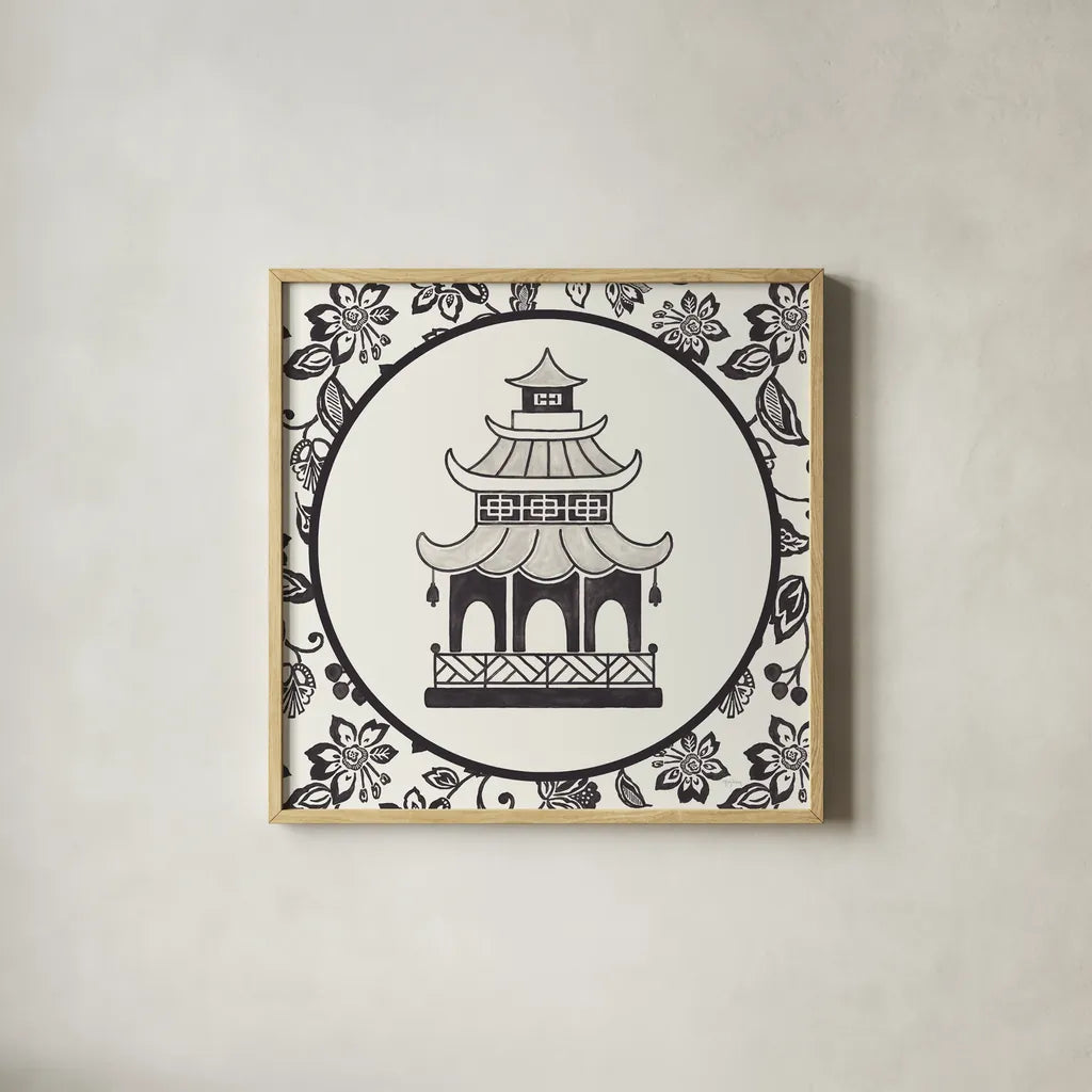 Everyday Chinoiserie VIII BW by Mary Urban. Shown in a natural wood glass frame for a timeless modern aesthetic. Available as an archival giclee rolled canvas, fine art paper, or poster print. SKU 75524a.