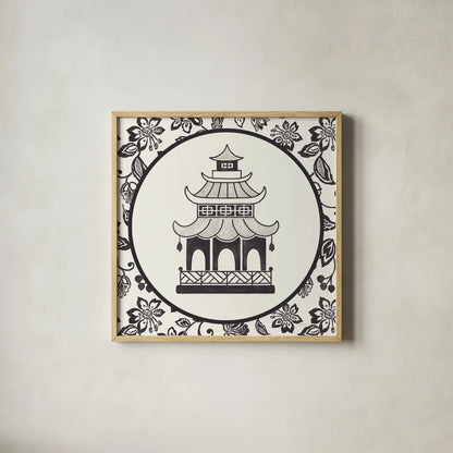 Everyday Chinoiserie VIII BW by Mary Urban. Shown in a natural wood glass frame for a timeless modern aesthetic. Available as an archival giclee rolled canvas, fine art paper, or poster print. SKU 75524a.