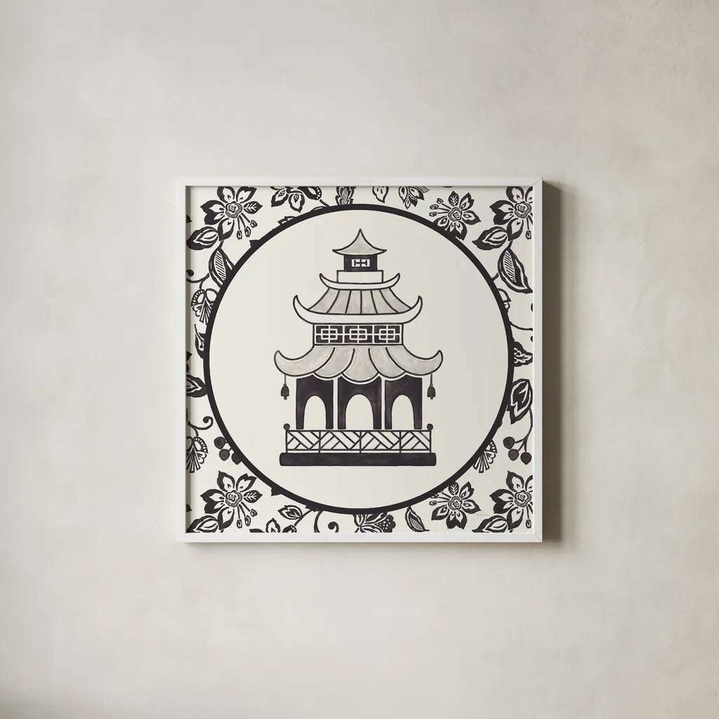 Everyday Chinoiserie VIII BW by Mary Urban. Shown in a crisp white glass frame for a clean and minimalist style. Available as an archival giclee rolled canvas, fine art paper, or poster print. SKU 75524a.