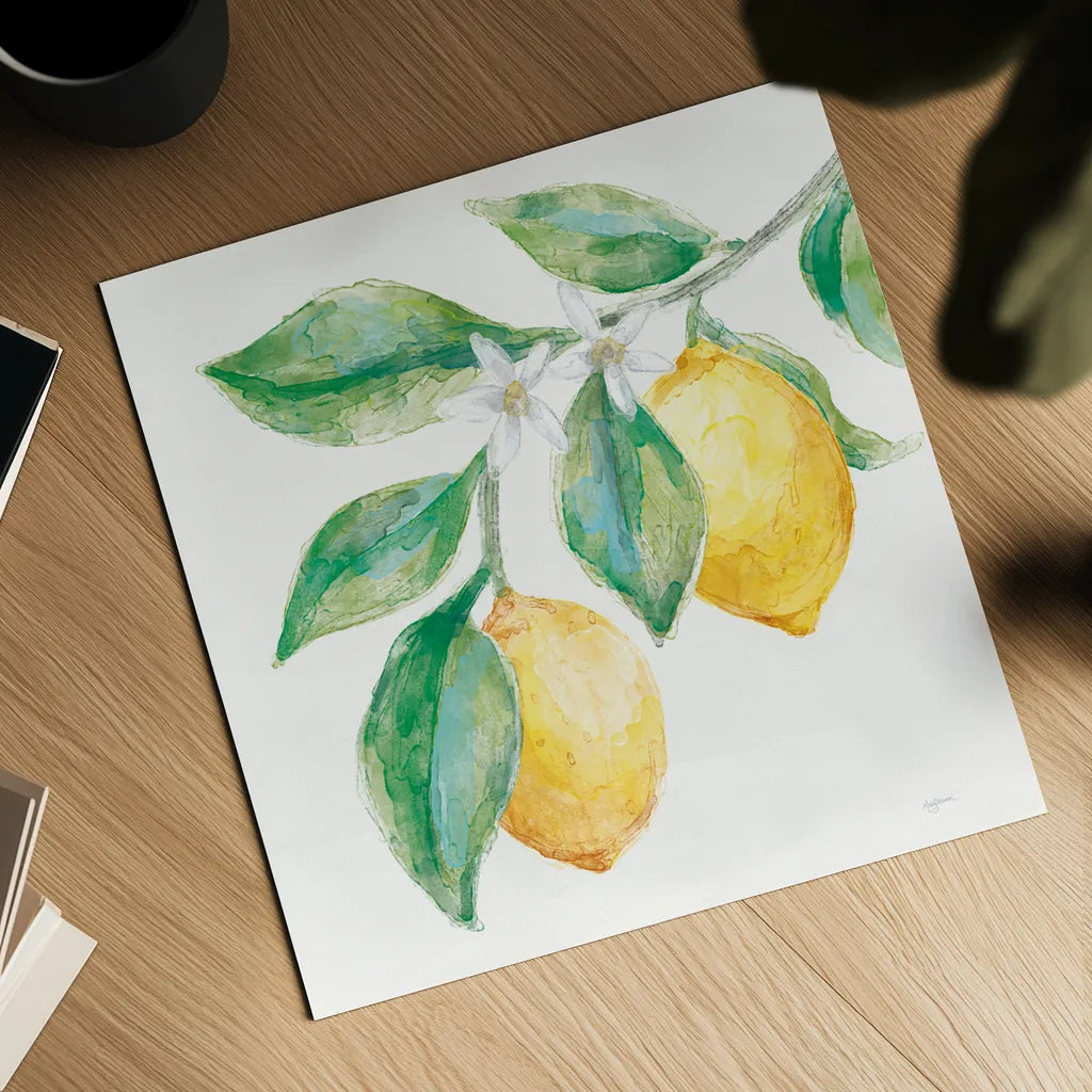 Everyday Lemons II On White by Mary Urban. Shown as a detailed flat fine art print, highlighting archival giclee quality. Available as an archival giclee rolled canvas, fine art paper, or poster print. SKU 87835a.