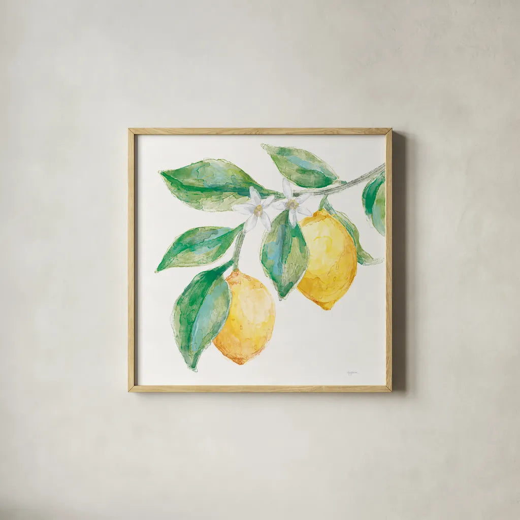Everyday Lemons II On White by Mary Urban. Shown in a natural wood glass frame for a timeless modern aesthetic. Available as an archival giclee rolled canvas, fine art paper, or poster print. SKU 87835a.