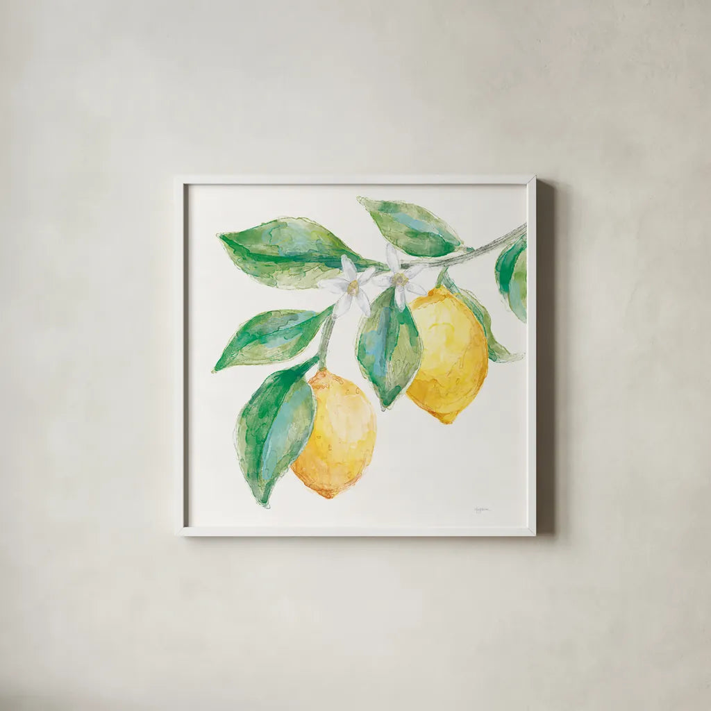 Everyday Lemons II On White by Mary Urban. Shown in a crisp white glass frame for a clean and minimalist style. Available as an archival giclee rolled canvas, fine art paper, or poster print. SKU 87835a.