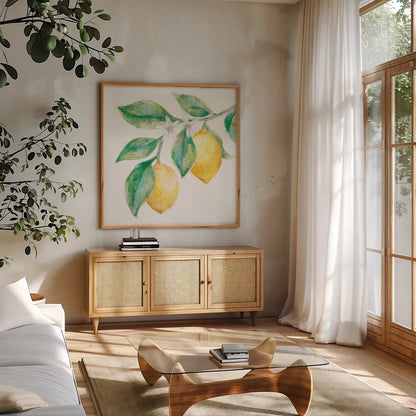 Everyday Lemons II On White by Mary Urban. Shown in a natural wood frame in a cozy modern living room. Available as an archival giclee rolled canvas, fine art paper, or poster print. SKU 87835a.