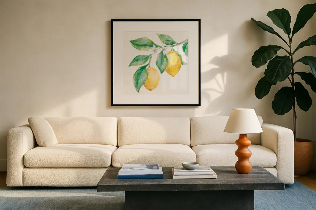 Everyday Lemons II On White by Mary Urban. Displayed in a glass frame with matte in a clean modern living room. Available as an archival giclee rolled canvas, fine art paper, or poster print. SKU 87835a.