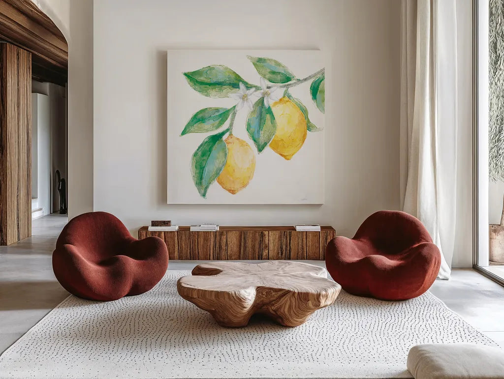 Everyday Lemons II On White by Mary Urban. Shown as extra-large giant wall art in a modern living room. Available as an archival giclee rolled canvas, fine art paper, or poster print. SKU 87835a.