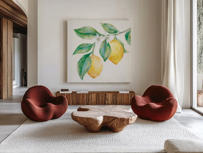 Everyday Lemons II On White by Mary Urban. Shown as extra-large giant wall art in a modern living room. Available as an archival giclee rolled canvas, fine art paper, or poster print. SKU 87835a.