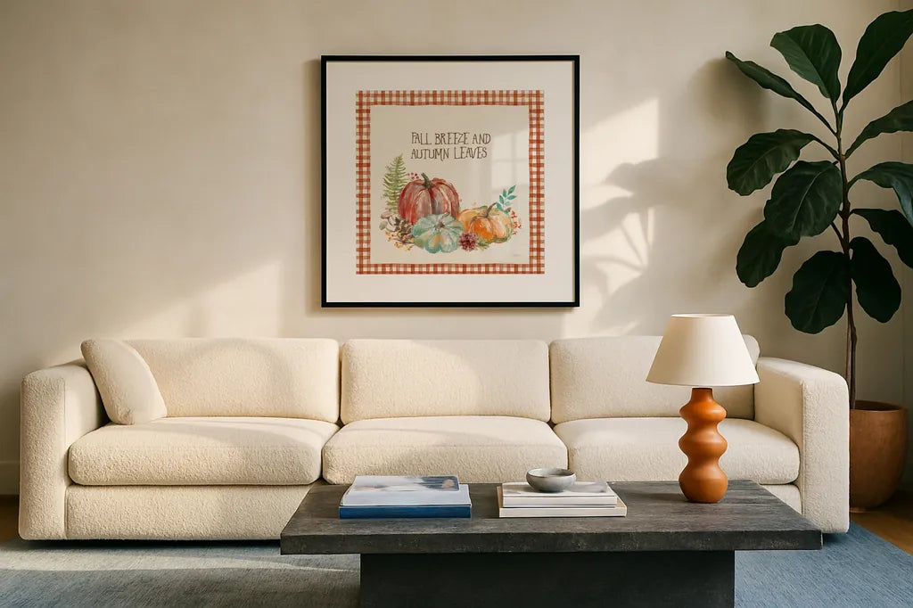 Fall Breezes by Mary Urban. Displayed in a glass frame with matte in a clean modern living room. Available as an archival giclee rolled canvas, fine art paper, or poster print. SKU 57888a.