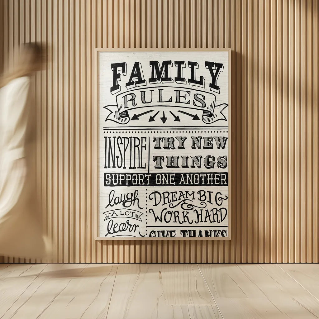Family Rules II by Mary Urban. shown as over sized large wall art. Available as an archival giclee rolled canvas, fine art paper, or poster print. SKU 28595h.