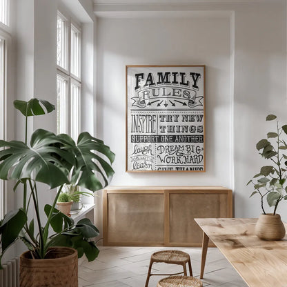 Family Rules II by Mary Urban. shown as a print in a natural wood frame in a dining room. Available as a archival giclee rolled canvas, fine art paper, or poster print. SKU 28595h.