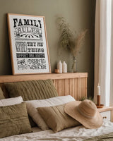 Family Rules II by Mary Urban. shown as a paper print in a natural frame. Available as a archival giclee rolled canvas, fine art paper, or poster print. SKU 28595h.