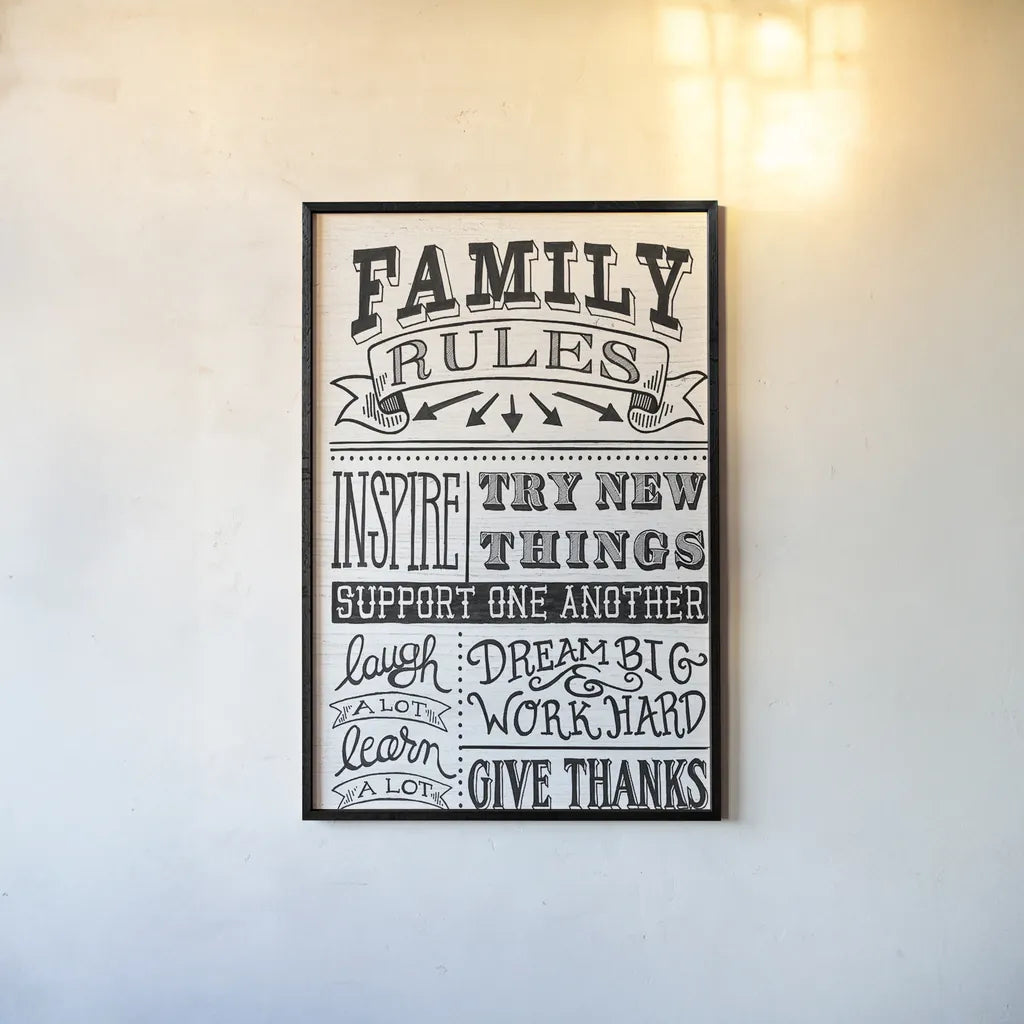 Family Rules II by Mary Urban. shown as a paper print in a black flame. Available as a archival giclee rolled canvas, fine art paper, or poster print. SKU 28595h.