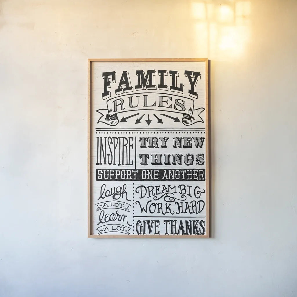 Family Rules II by Mary Urban. shown as a paper print in a natural frame. Available as a archival giclee rolled canvas, fine art paper, or poster print. SKU 28595h.