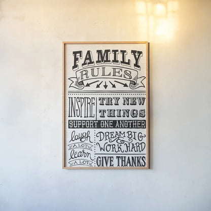 Family Rules II by Mary Urban. shown as a paper print in a natural frame. Available as a archival giclee rolled canvas, fine art paper, or poster print. SKU 28595h.