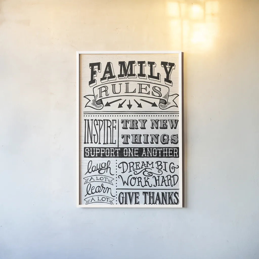 Family Rules II by Mary Urban. shown as a paper print in a white frame. Available as a archival giclee rolled canvas, fine art paper, or poster print. SKU 28595h.