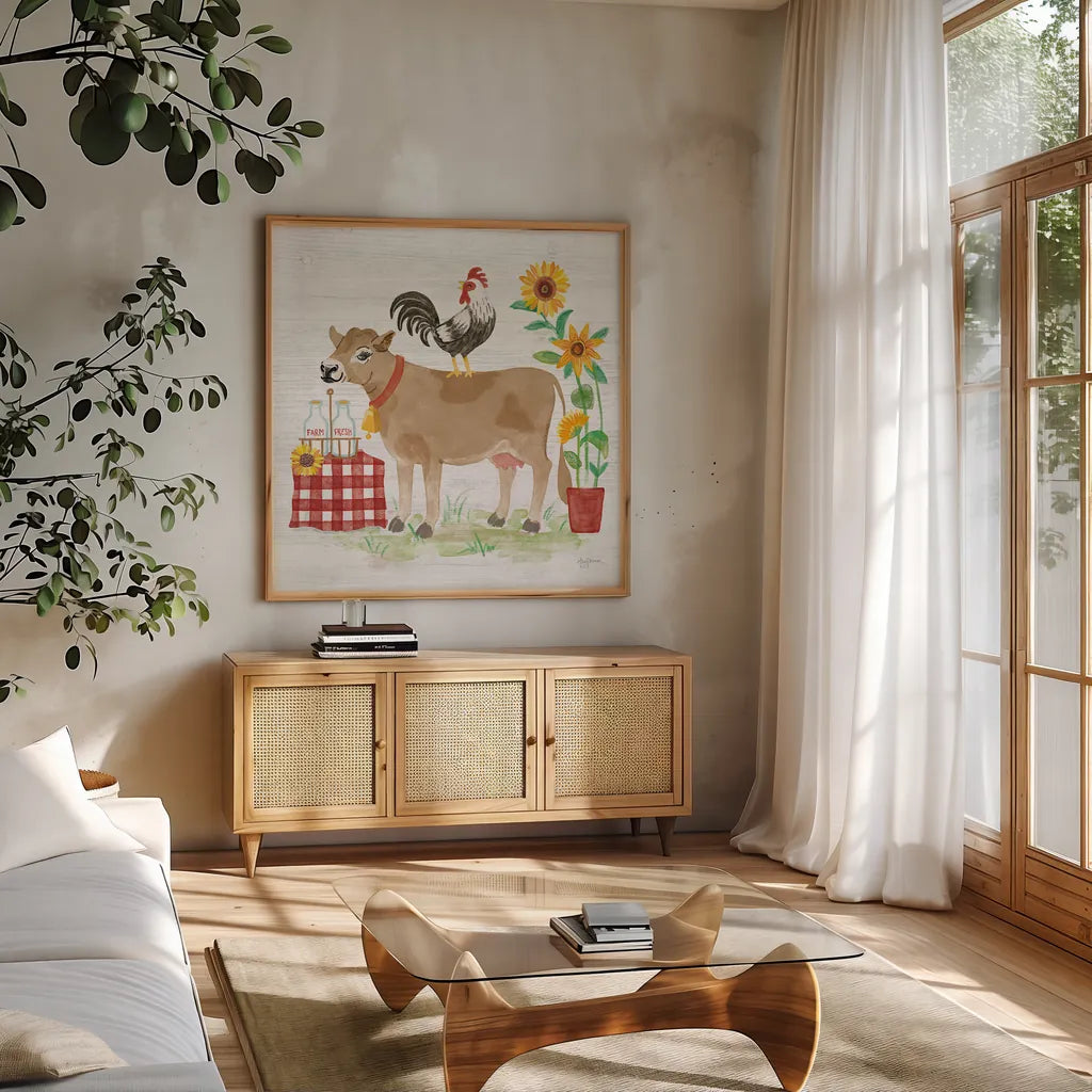 Farm Market II by Mary Urban. Shown in a natural wood frame in a cozy modern living room. Available as an archival giclee rolled canvas, fine art paper, or poster print. SKU 52804a.