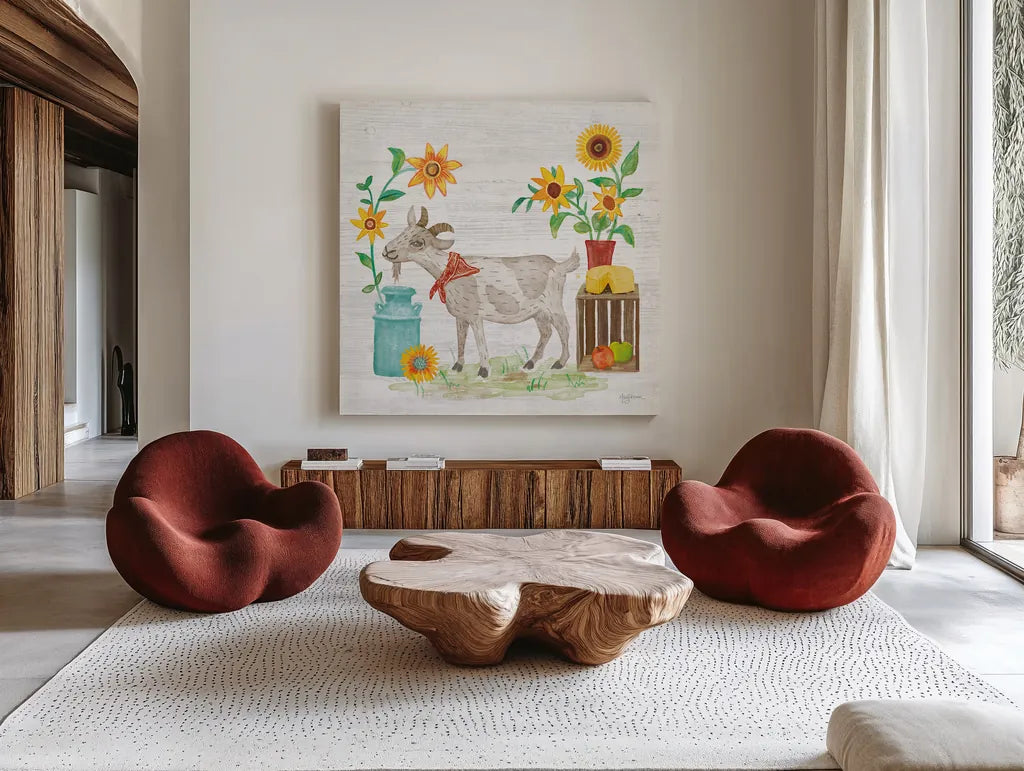 Farm Market III by Mary Urban. Shown as extra-large giant wall art in a modern living room. Available as an archival giclee rolled canvas, fine art paper, or poster print. SKU 52805a.
