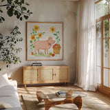 Farm Market IV by Mary Urban. Shown in a natural wood frame in a cozy modern living room. Available as an archival giclee rolled canvas, fine art paper, or poster print. SKU 52806a.