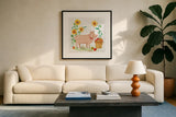 Farm Market IV by Mary Urban. Displayed in a glass frame with matte in a clean modern living room. Available as an archival giclee rolled canvas, fine art paper, or poster print. SKU 52806a.