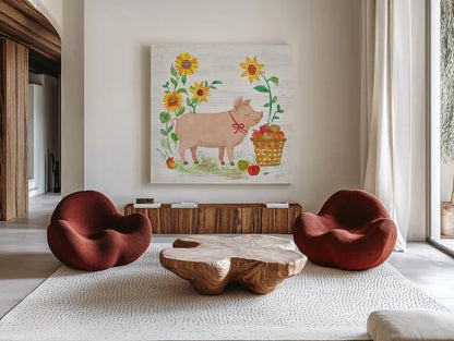 Farm Market IV by Mary Urban. Shown as extra-large giant wall art in a modern living room. Available as an archival giclee rolled canvas, fine art paper, or poster print. SKU 52806a.