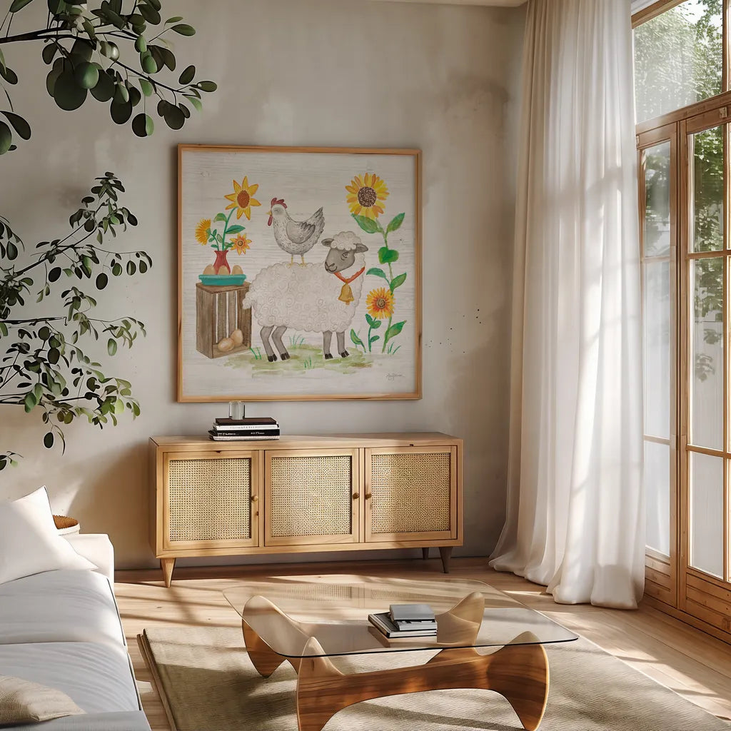 Farm Market V by Mary Urban. Shown in a natural wood frame in a cozy modern living room. Available as an archival giclee rolled canvas, fine art paper, or poster print. SKU 52807a.