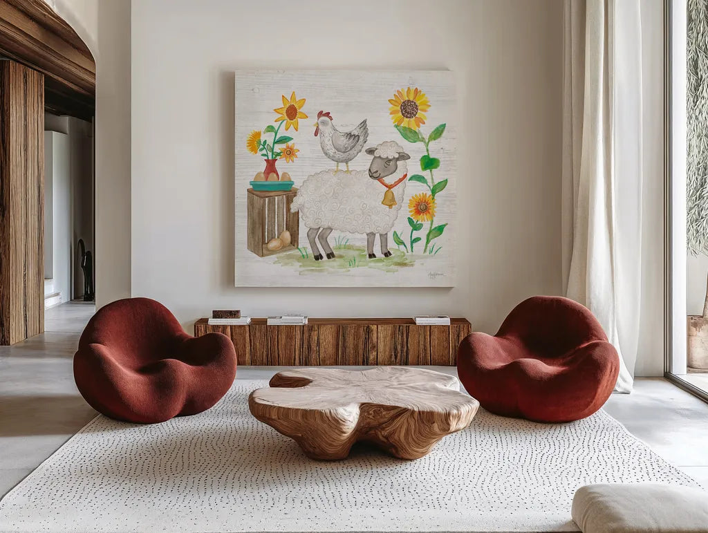 Farm Market V by Mary Urban. Shown as extra-large giant wall art in a modern living room. Available as an archival giclee rolled canvas, fine art paper, or poster print. SKU 52807a.