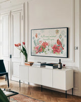 Festive Feathers I by Mary Urban. shown as a framed stretched canvas in a living room above a console. Available as a archival giclee rolled canvas, fine art paper, or poster print. SKU 51430i.