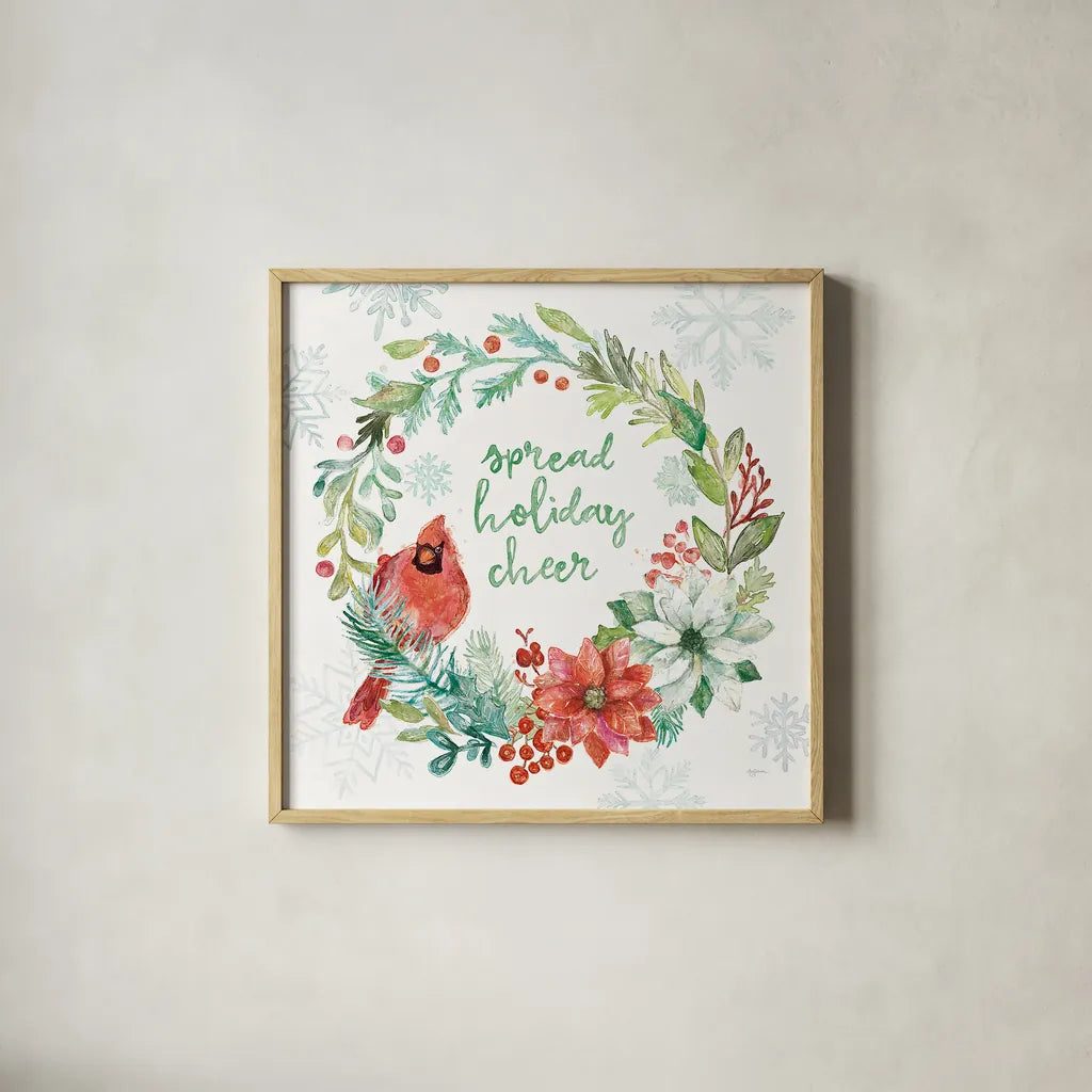 Festive Feathers II by Mary Urban. Shown in a natural wood glass frame for a timeless modern aesthetic. Available as an archival giclee rolled canvas, fine art paper, or poster print. SKU 51431a.