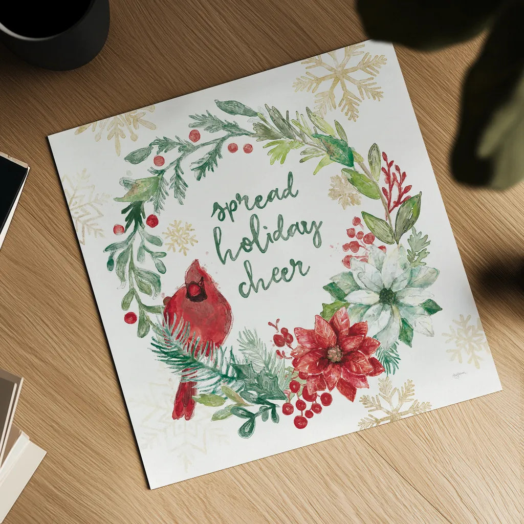 Festive Feathers II Golden Snowflakes by Mary Urban. Shown as a detailed flat fine art print, highlighting archival giclee quality. Available as an archival giclee rolled canvas, fine art paper, or poster print. SKU 58377a.