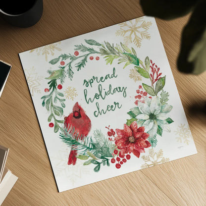 Festive Feathers II Golden Snowflakes by Mary Urban. Shown as a detailed flat fine art print, highlighting archival giclee quality. Available as an archival giclee rolled canvas, fine art paper, or poster print. SKU 58377a.