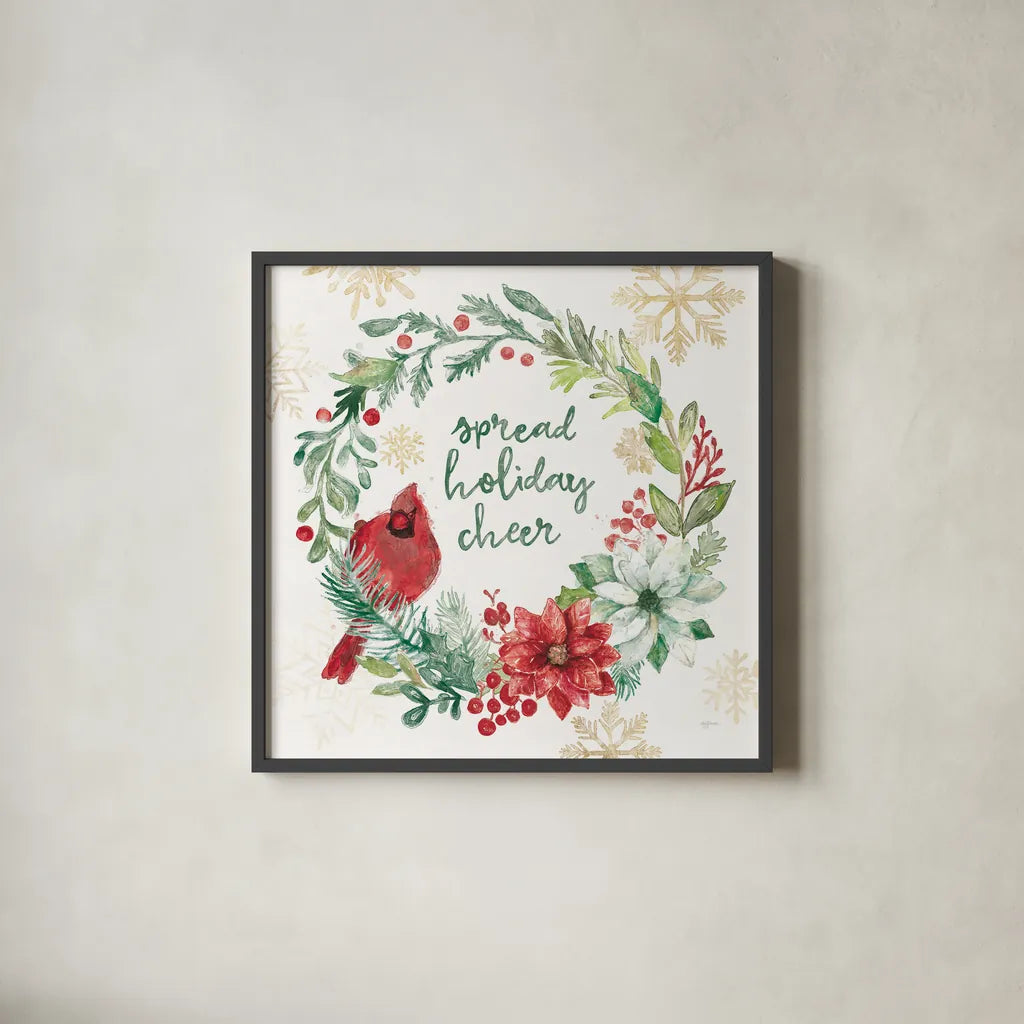 Festive Feathers II Golden Snowflakes by Mary Urban. Shown in a sleek black glass frame for a contemporary gallery look. Available as an archival giclee rolled canvas, fine art paper, or poster print. SKU 58377a.