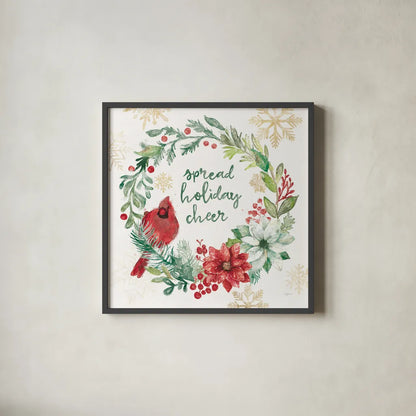 Festive Feathers II Golden Snowflakes by Mary Urban. Shown in a sleek black glass frame for a contemporary gallery look. Available as an archival giclee rolled canvas, fine art paper, or poster print. SKU 58377a.