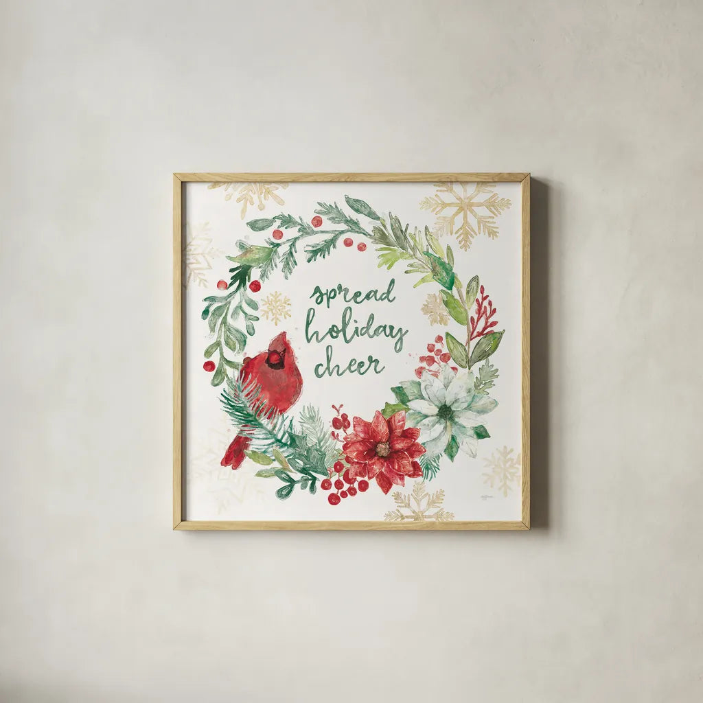 Festive Feathers II Golden Snowflakes by Mary Urban. Shown in a natural wood glass frame for a timeless modern aesthetic. Available as an archival giclee rolled canvas, fine art paper, or poster print. SKU 58377a.