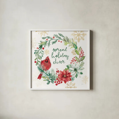 Festive Feathers II Golden Snowflakes by Mary Urban. Shown in a crisp white glass frame for a clean and minimalist style. Available as an archival giclee rolled canvas, fine art paper, or poster print. SKU 58377a.