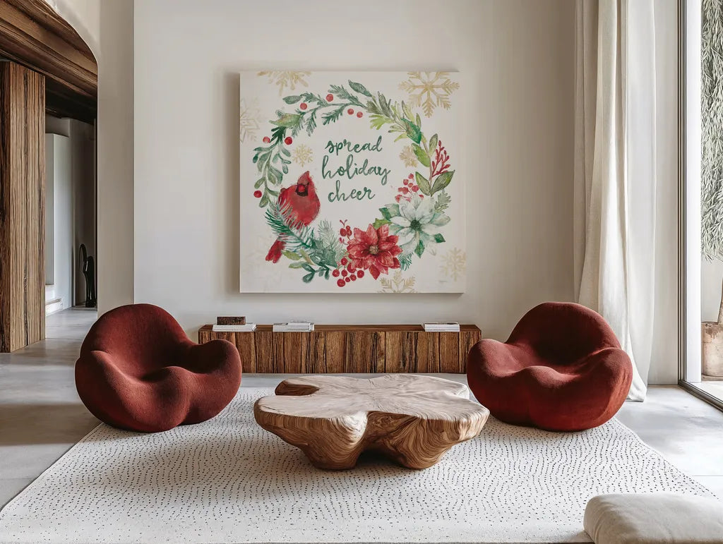 Festive Feathers II Golden Snowflakes by Mary Urban. Shown as extra-large giant wall art in a modern living room. Available as an archival giclee rolled canvas, fine art paper, or poster print. SKU 58377a.