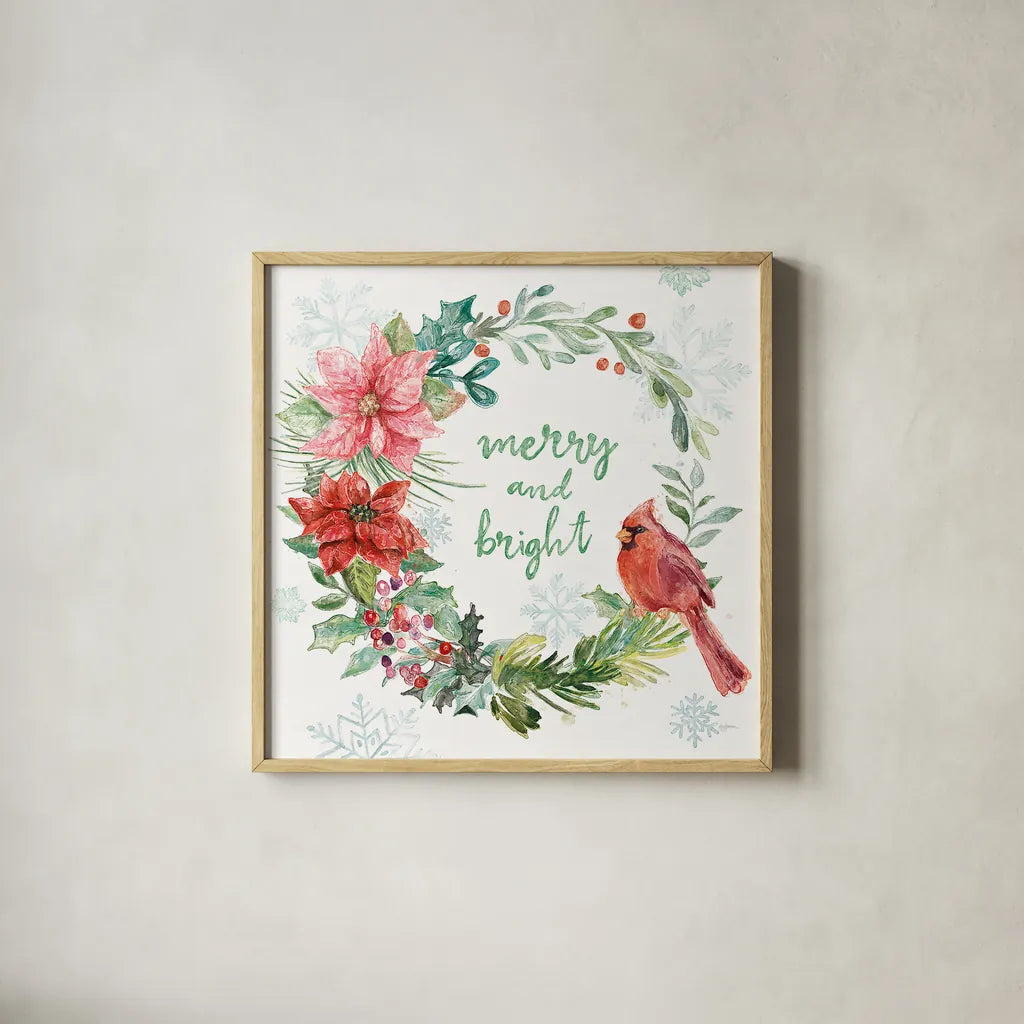 Festive Feathers III by Mary Urban. Shown in a natural wood glass frame for a timeless modern aesthetic. Available as an archival giclee rolled canvas, fine art paper, or poster print. SKU 51432a.