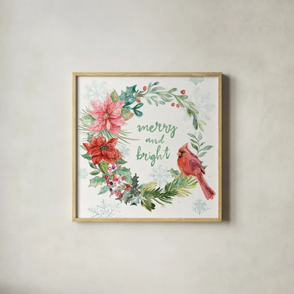 Festive Feathers III by Mary Urban. Shown in a natural wood glass frame for a timeless modern aesthetic. Available as an archival giclee rolled canvas, fine art paper, or poster print. SKU 51432a.