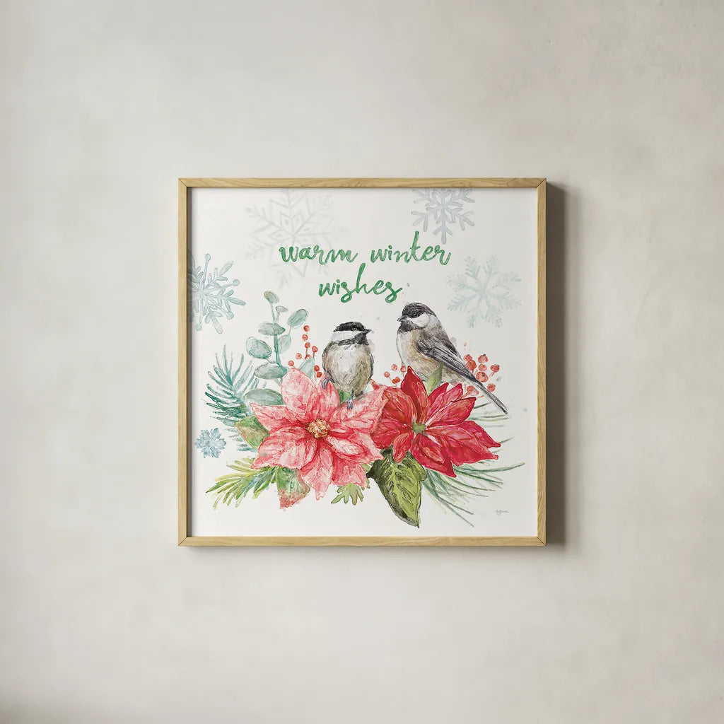 Festive Feathers IV by Mary Urban. Shown in a natural wood glass frame for a timeless modern aesthetic. Available as an archival giclee rolled canvas, fine art paper, or poster print. SKU 51433a.