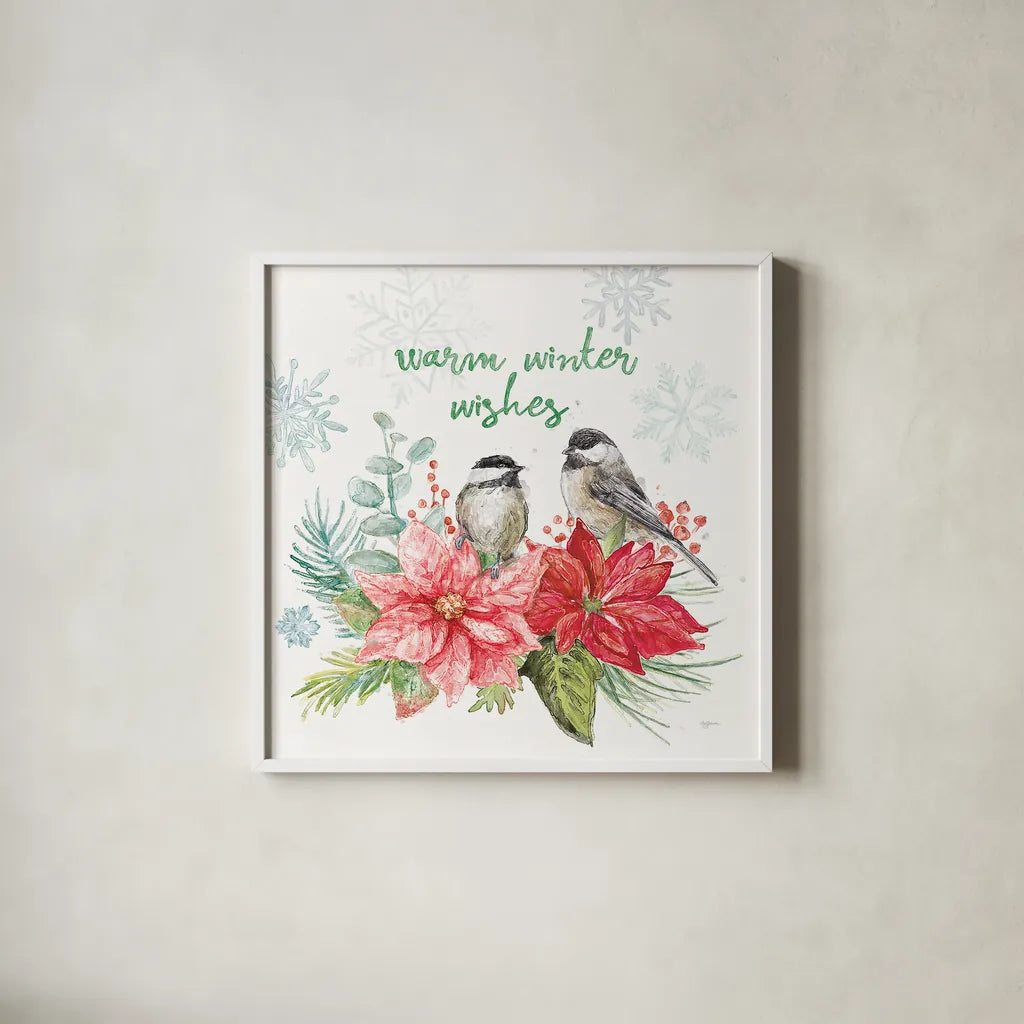 Festive Feathers IV by Mary Urban. Shown in a crisp white glass frame for a clean and minimalist style. Available as an archival giclee rolled canvas, fine art paper, or poster print. SKU 51433a.