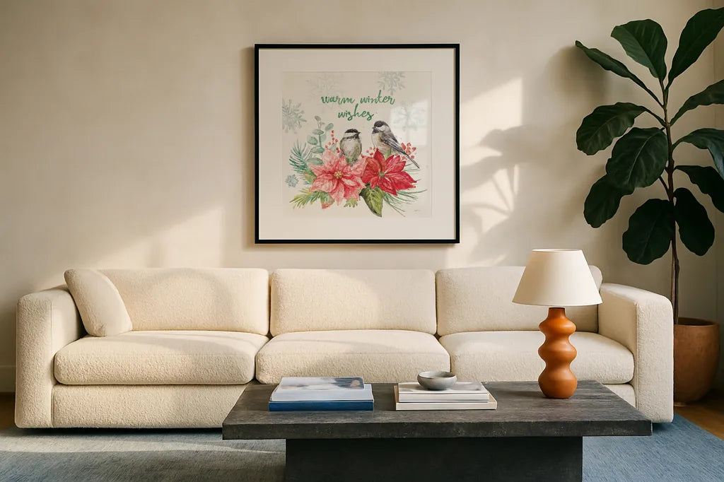 Festive Feathers IV by Mary Urban. Displayed in a glass frame with matte in a clean modern living room. Available as an archival giclee rolled canvas, fine art paper, or poster print. SKU 51433a.