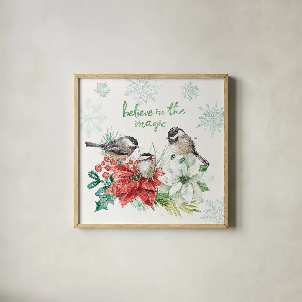 Festive Feathers V by Mary Urban. Shown in a natural wood glass frame for a timeless modern aesthetic. Available as an archival giclee rolled canvas, fine art paper, or poster print. SKU 51434a.