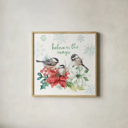 Festive Feathers V by Mary Urban. Shown in a natural wood glass frame for a timeless modern aesthetic. Available as an archival giclee rolled canvas, fine art paper, or poster print. SKU 51434a.