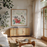Festive Feathers V by Mary Urban. Shown in a natural wood frame in a cozy modern living room. Available as an archival giclee rolled canvas, fine art paper, or poster print. SKU 51434a.