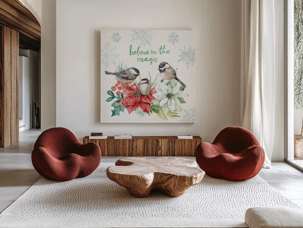 Festive Feathers V by Mary Urban. Shown as extra-large giant wall art in a modern living room. Available as an archival giclee rolled canvas, fine art paper, or poster print. SKU 51434a.