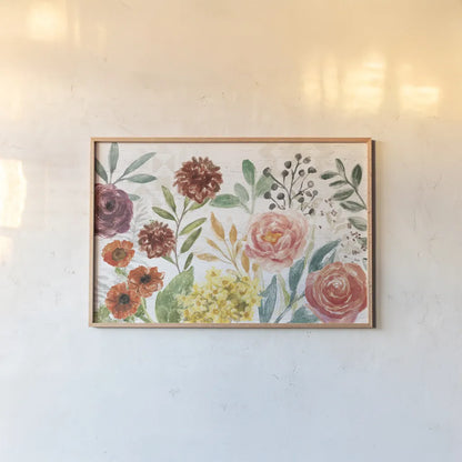 Flower Fest I by Mary Urban. shown as a paper print in a natural frame. Available as a archival giclee rolled canvas, fine art paper, or poster print. SKU 59084i.