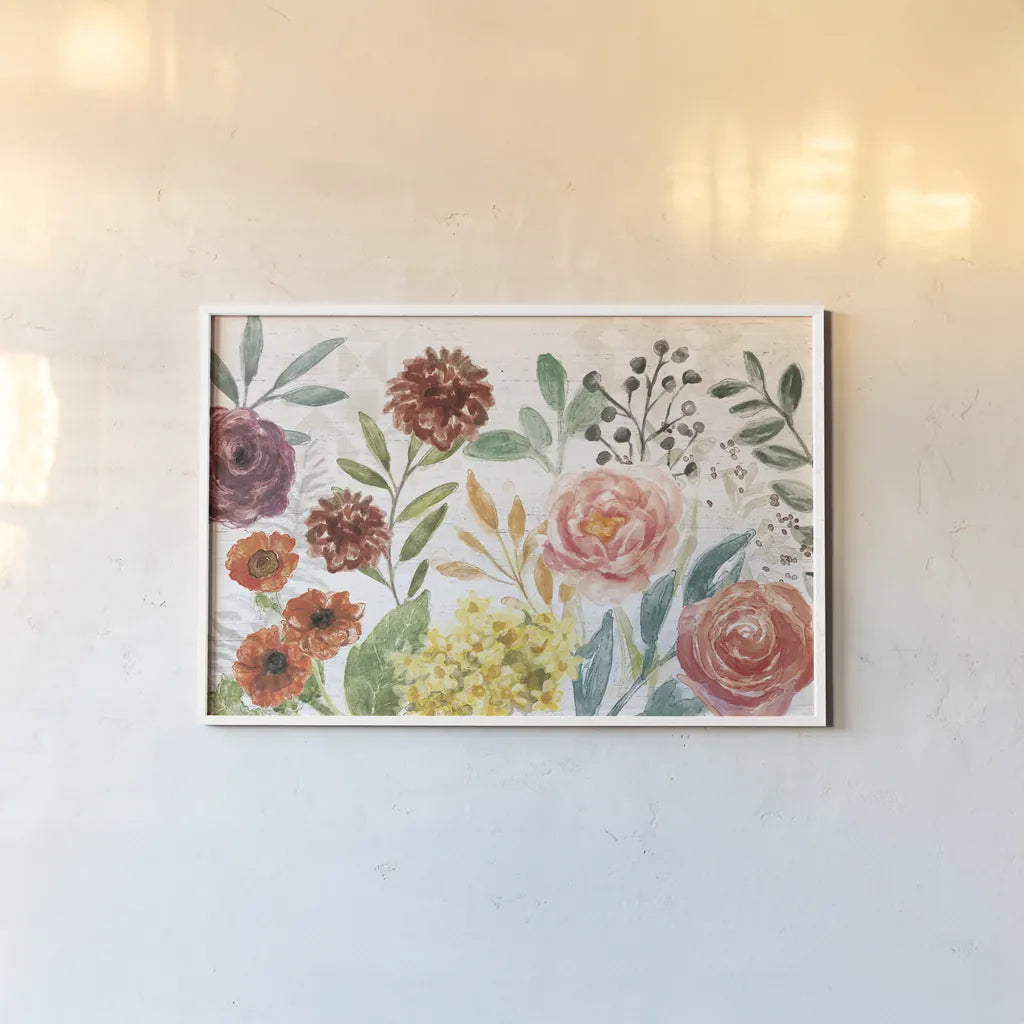Flower Fest I by Mary Urban. shown as a paper print in a white frame. Available as a archival giclee rolled canvas, fine art paper, or poster print. SKU 59084i.