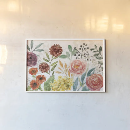 Flower Fest I by Mary Urban. shown as a paper print in a white frame. Available as a archival giclee rolled canvas, fine art paper, or poster print. SKU 59084i.