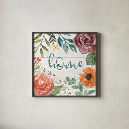 Flower Fest II by Mary Urban. Shown in a sleek black glass frame for a contemporary gallery look. Available as an archival giclee rolled canvas, fine art paper, or poster print. SKU 59085a.