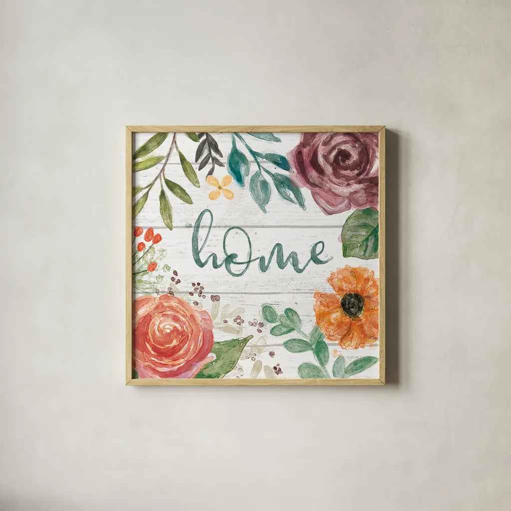 Flower Fest II by Mary Urban. Shown in a natural wood glass frame for a timeless modern aesthetic. Available as an archival giclee rolled canvas, fine art paper, or poster print. SKU 59085a.