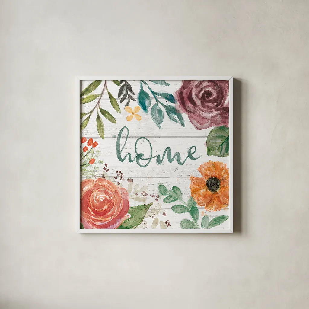 Flower Fest II by Mary Urban. Shown in a crisp white glass frame for a clean and minimalist style. Available as an archival giclee rolled canvas, fine art paper, or poster print. SKU 59085a.